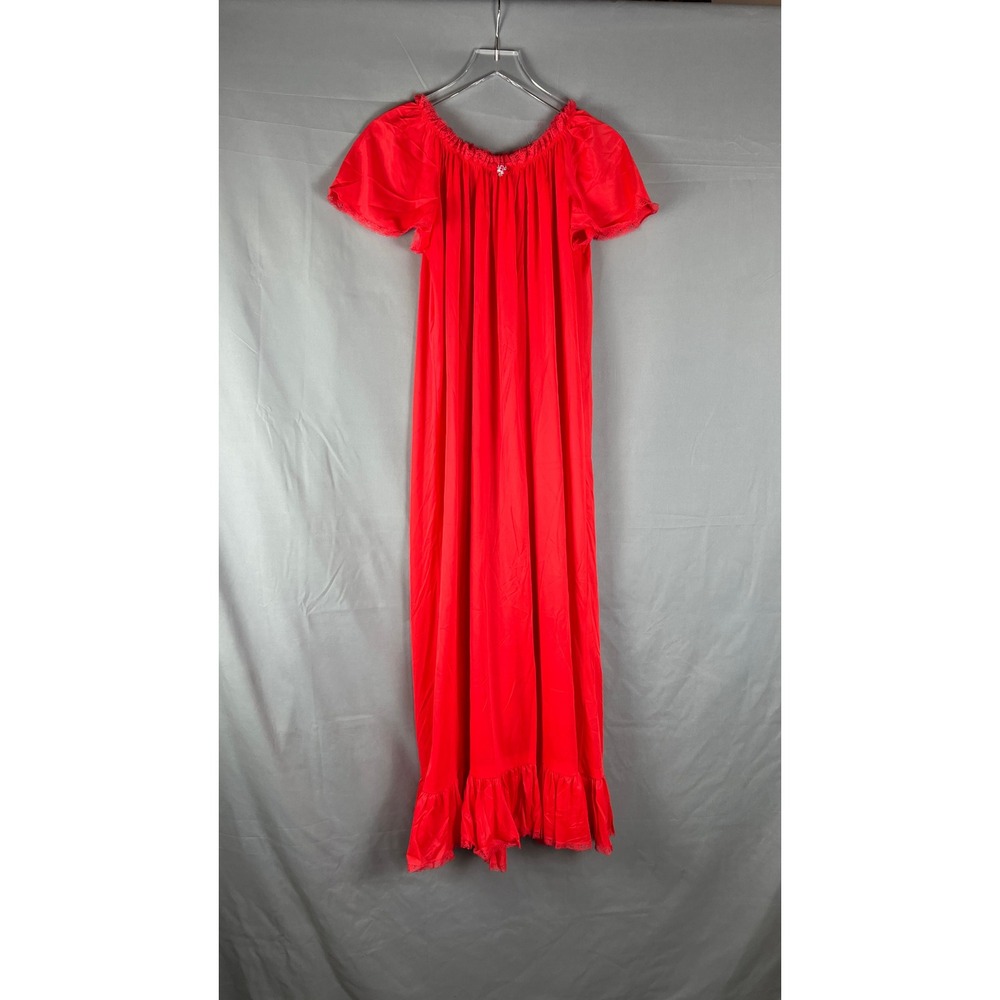 Vintage Maxi Nightgown Womens Large Vibrant Red Gathered Scoop Neck Ruffle Trim